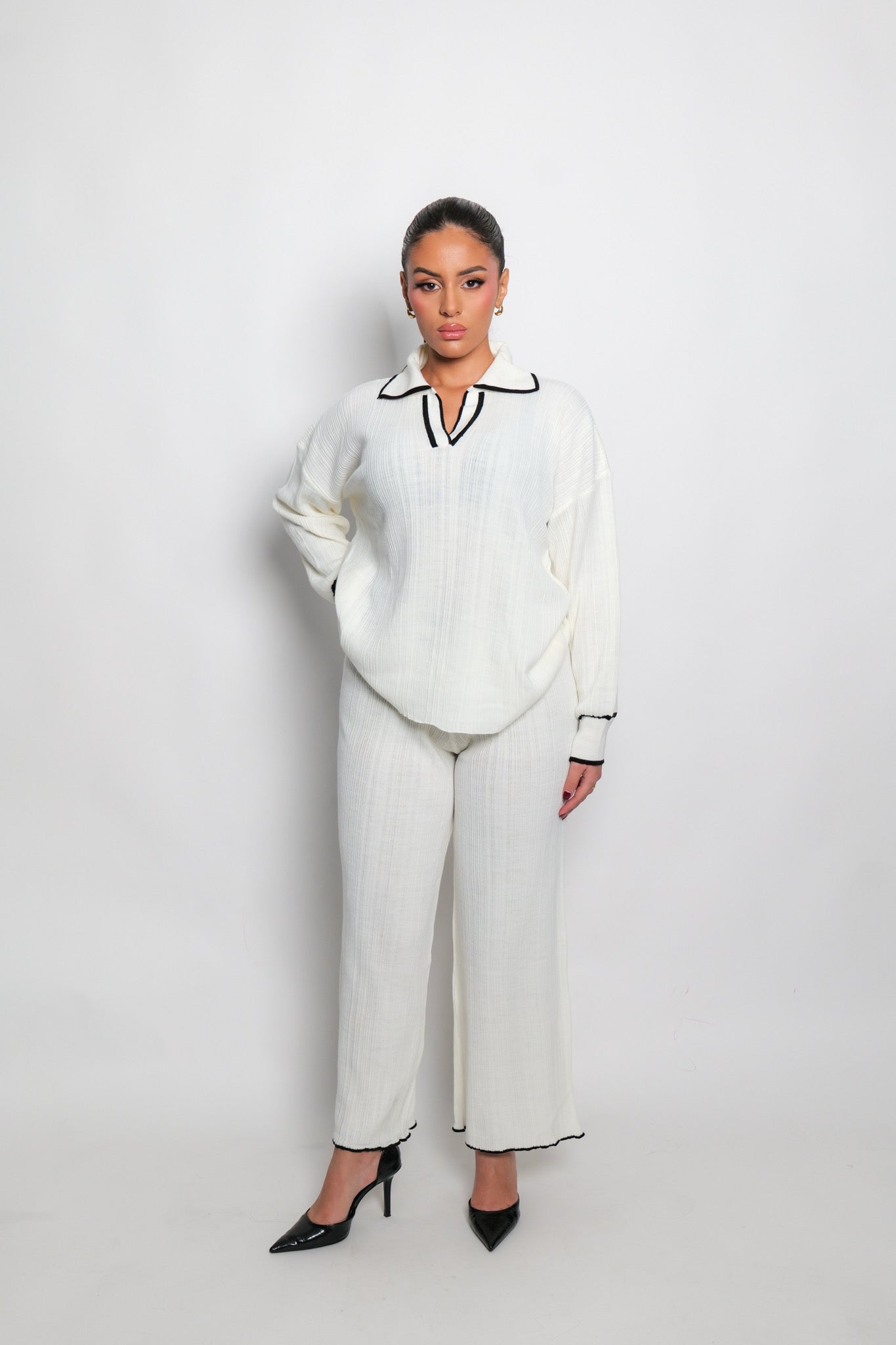 Ensemble pantalon en tricot côtelé blanc