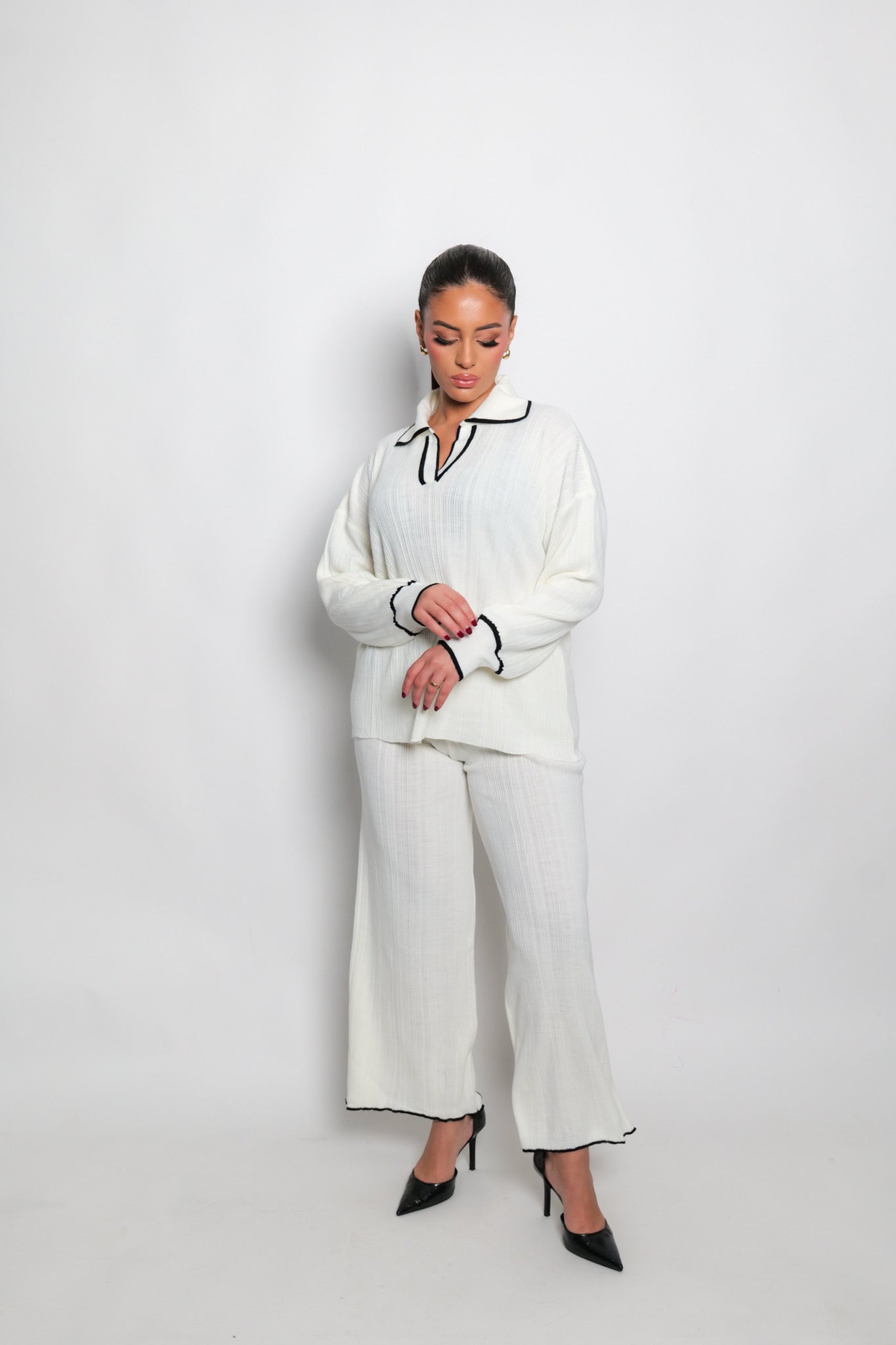 Ensemble pantalon en tricot côtelé blanc